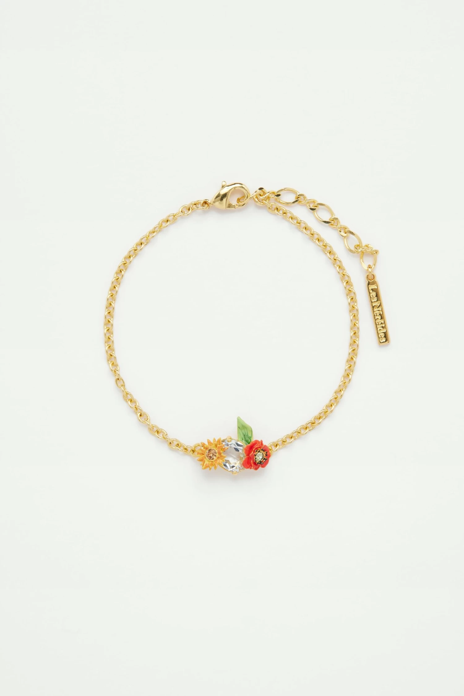 Les Néréides Bracelet Fin Coquelicots, Fleur De Tournesol Et Pierre En Verre Taillé Bleu 1 Les Néréides Bracelet Fin Coquelicots, Fleur De Tournesol Et Pierre En Verre Taillé Bleu