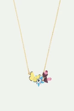 Les Néréides Collier Pendentif Fleur Bleue Et Papillon Jaune