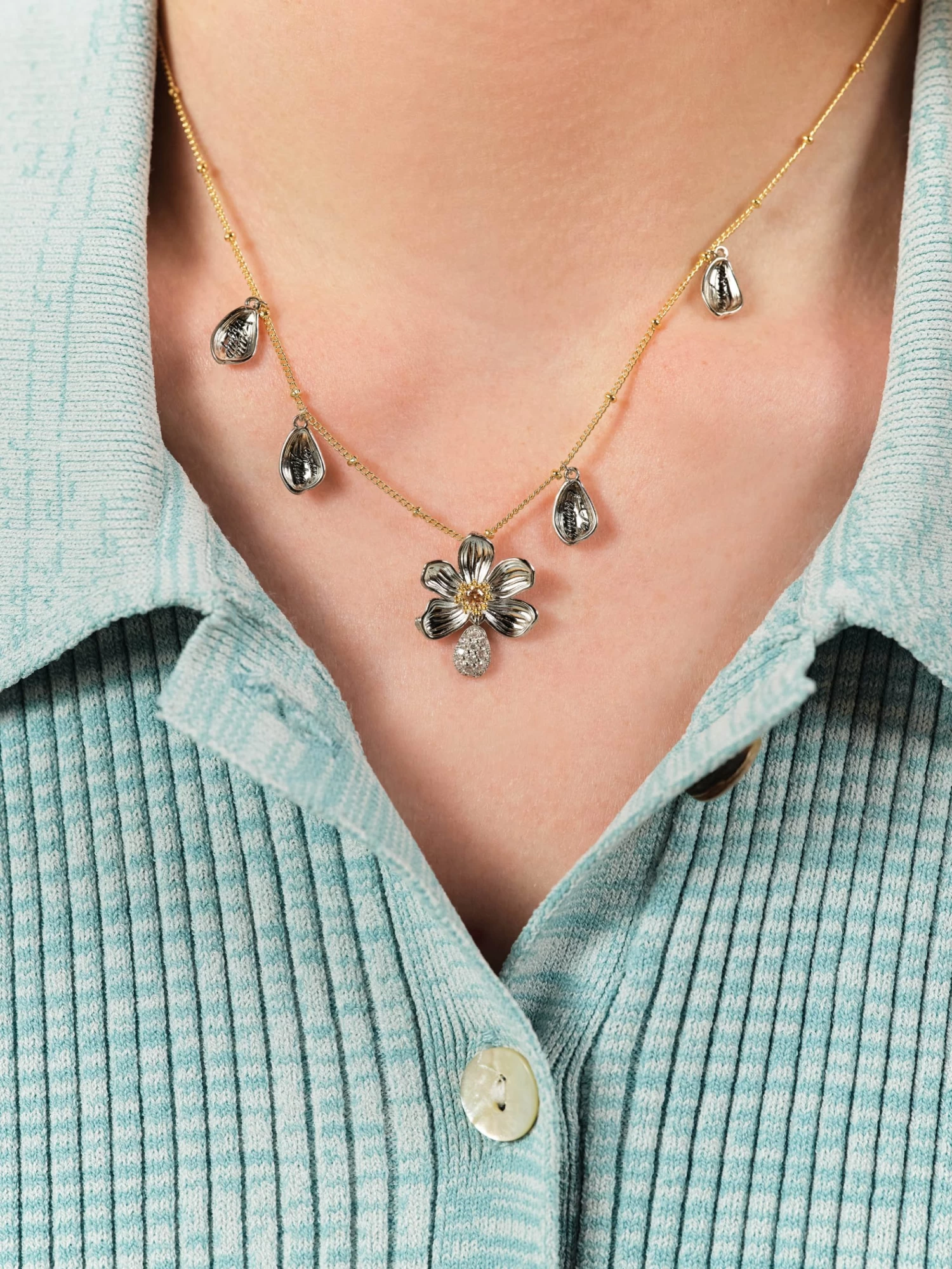 Les Néréides Collier Pendentif Marguerite Et Pétales Gravés 2 Les Néréides Collier Pendentif Marguerite Et Pétales Gravés – Image 2