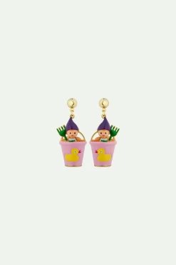 N2 By Les Néréides Boucles D'oreilles Tiges Nain, Râteau Vert Et Sceau Rose