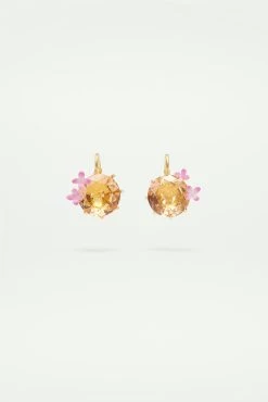 Les Néréides Boucles D'oreilles Dormeuses Fleurs Et Pierre Ronde La Diamantine Rose Abricot