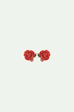 Les Néréides Boucles D'oreilles Tiges Rose Rouge Et Cristal Rose