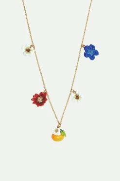 Les Néréides Collier Charm's Fleurs Bleues, Blanches, Rouges, Clémentine Et Papillon