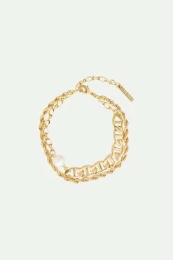 Les Néréides Bracelet Perle Blanche Et Double Chaine Torsadée Et Chaine Maille Marine