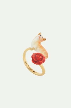 Les Néréides Bague Ajustable Corgi Et Rose Rouge