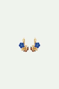Les Néréides Boucles D'oreilles Dormeuses Fleur De Lin Bleue, Verre Facetté Et Papillon