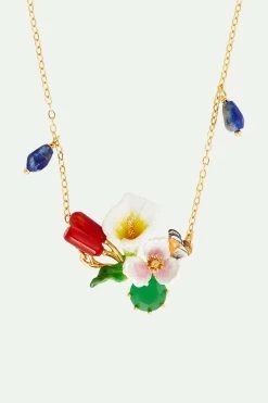 Les Néréides Collier Plastron Arum, Roseaux Et Pierre Verte