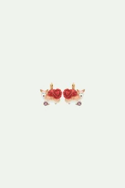Les Néréides Boucles D'oreilles Dormeuses Corgi Et Rose Rouge