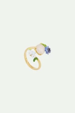 Les Néréides Bague Ajustable Quartz Rose Et Composition Florale