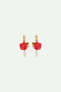 Les Néréides Boucles D'oreilles Dormeuses Rose, Perle De Culture Et Goutte De Verre