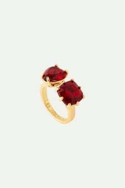 Les Néréides Bague Ajustable Toi Et Moi Pierre Cœur Et Carrée La Diamantine Rouge Grenat