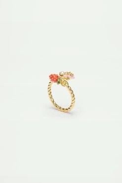 Les Néréides Bague Ajustable Fraise Des Bois Et Fleur Rose