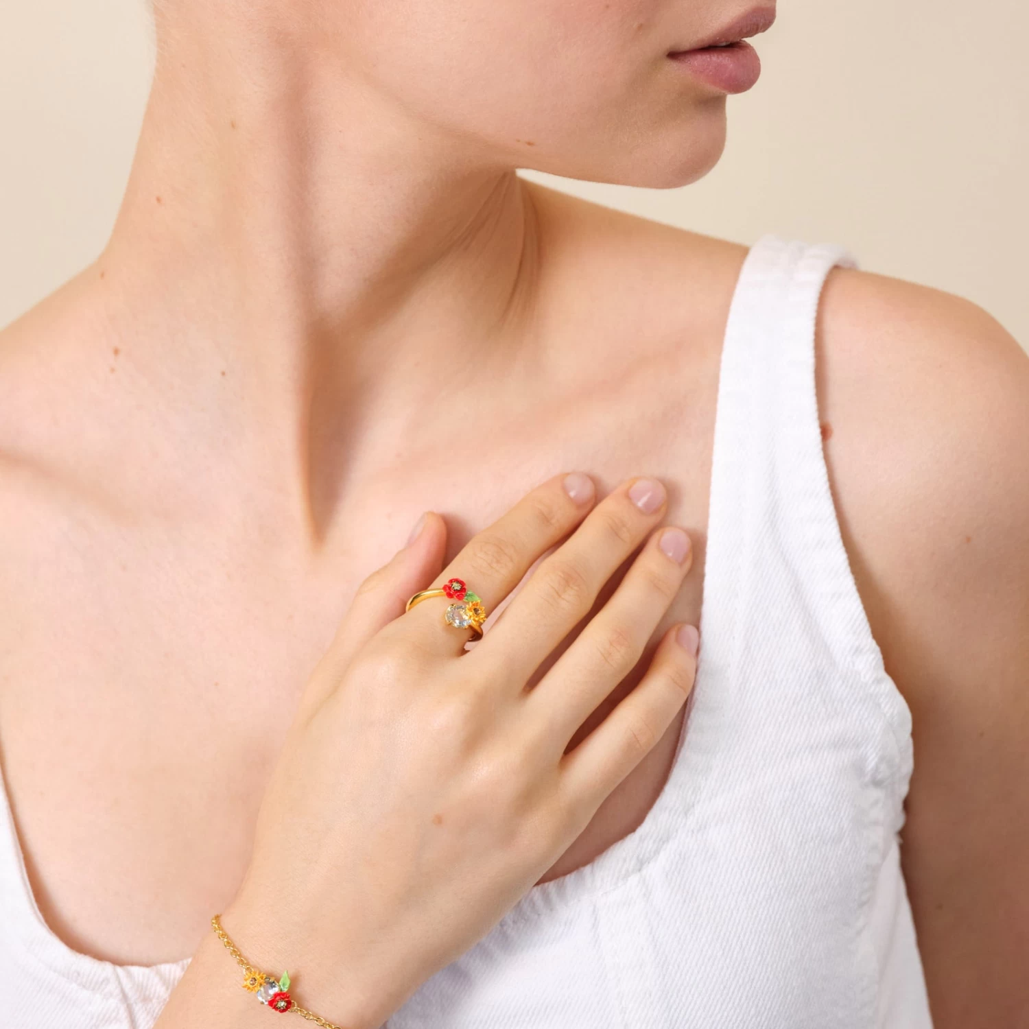 Les Néréides Bague Ajustable Fleurs Des Champs Et Pierre Ronde 2 Les Néréides Bague Ajustable Fleurs Des Champs Et Pierre Ronde – Image 2