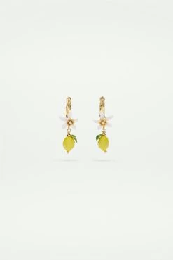 Les Néréides Boucles D'oreilles Dormeuses Citron Et Fleur Blanche