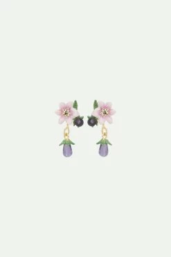Les Néréides Boucles D'oreilles Pendantes Tiges Aubergines Et Fleur