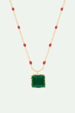 Les Néréides Collier Pendentif Pierre Carrée Verte