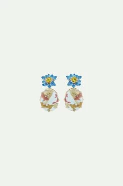 Les Néréides Boucles D'oreilles Tiges Lotus Bleu, Verre Ovale Et Carpes Koï